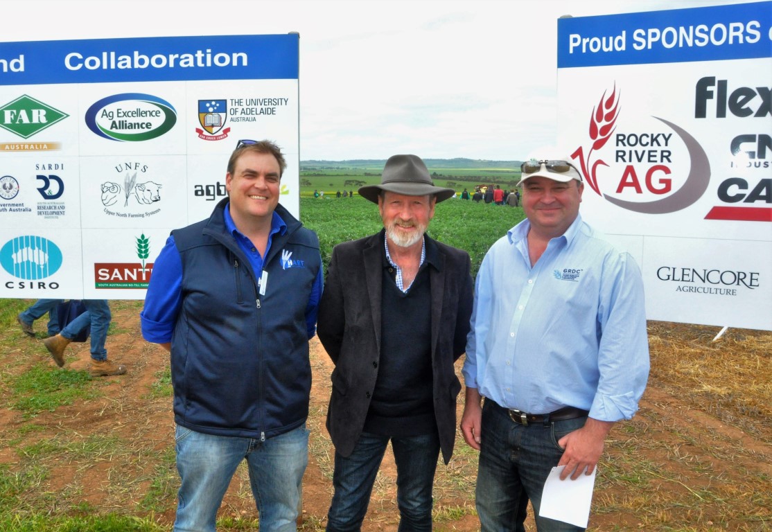 Announcing a GRDC Grains Research and Development Infrastructure Grant of more than $71,000 for a new structure at the Hart Field Site are Hart Field-Site Group chairman Damien Sommerville, Federal Member for Grey Rowan Ramsey, and GRDC deputy chief executive Steve Thomas